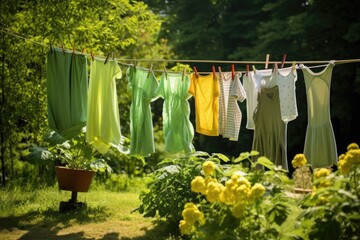 Wall Mural - eco-friendly drying: clothes on line in a green garden