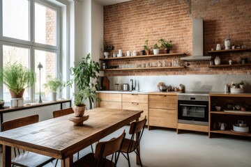 A kitchen with a charm�ing and homely at�mos�phere is achieved through a rust�ic in�teri�or, com�ple�mented by a white brick wall. The room evokes a con�tem�por�ary feel with its