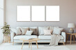 © Pajaros Volando - Aesthetic modern living room with Nordic style and canvas triptych in transparent for copy space
