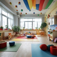 Child room with a bookstand, bed, chair, pouf and big window. room in the kindergarten. Generative ai