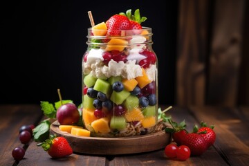 Wall Mural - fruit salad in a mason jar with a rustic background