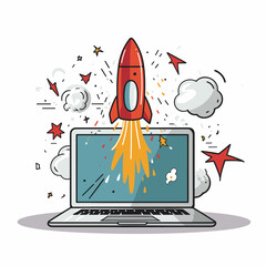 Space rocket with flame takes off from laptop, on white background, rocket vector, rocket logo, rocket icon, rocket sticker