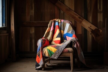 patchwork quilt draped over a wooden chair