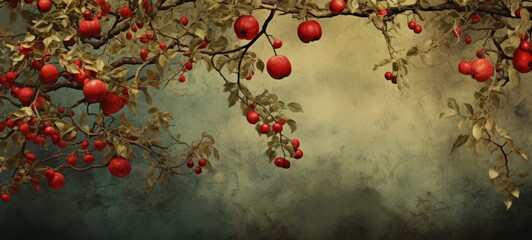 red apples with apple tree leafs and grey wall background texture illustration. apple with leafs ill