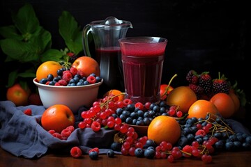 Wall Mural - juicy fruits and berries with a juicer in the background