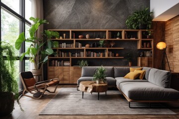 Poster - The interior of the room features a grey stone wall and is adorned with wooden decor. There is a bookshelf, a sofa, and a vase filled with plants. In the center, there is a table along with a carpet