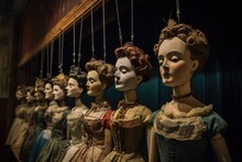 Antique Marionettes Suspended In A Row, Awaiting Performance