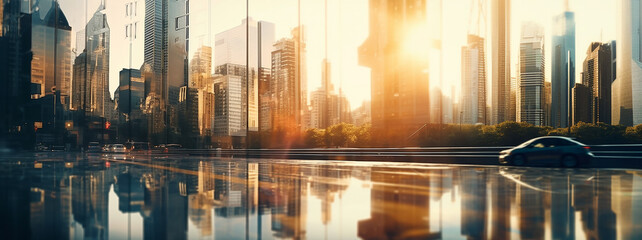 Panorama view of tall buildings towers, skyscrapers and street on the sunset, reflecting sunlight. Image created by Generative AI.