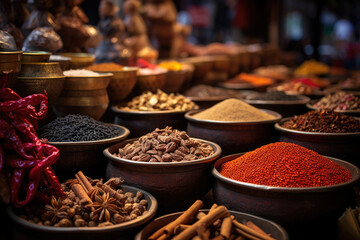 Colorful herbal and spices oriental marketplace. Sacks of food and spices. Generative AI