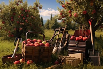 Sticker - apple picking tools amidst a lush orchard