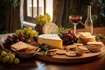 Canvas Print - cheese platter with crackers and olives on table