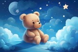 Fototapeta Dziecięca - children's illustration of a teddy bear sits on a cloud against the background of a starry sky. illustration for children's posters, books, postcard wallpapers