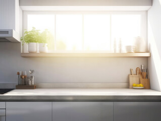 Wall Mural - Marble countertop with free space for product montage or mockup with white kitchen, cutting board and scandinavian style utensils against window background with morning sunlight. AI generated