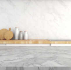 Wall Mural - Marble gray countertop with free space for product montage or mockup with white kitchen with cutting board and utensils in scandinavian style in morning light. AI generated