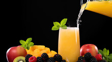 Illustration With Freshly Squeezed Orange Juice And Colorful Fruits And Berries On A Dark Background. For Banners, Covers And Other Illustrations And Advertising Of Healthy Lifestyle Nutrition.