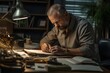 © Romana - mature middle-aged caucasian man with silver hair and glasses writing something with a pen in a notebook sitting in the home office library. professional creative writer
