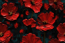 Seamless Pattern - Repeatable Texture Of Abstract Red Poppies On Black Background