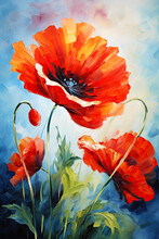 Red Poppies Flowers Brush Strokes Acrylic Painting. Canvas Texture.