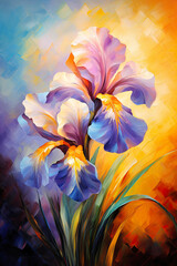 Purple Iris Flower Brush Strokes Acrylic Painting. Canvas Texture.