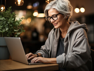 Elderly modern woman with grey hair and glasses working for laptop in coffee shop