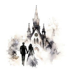 Wall Mural - Watercolor Groom and Bride in Front of Church Isolated on White, wedding background in Black and White