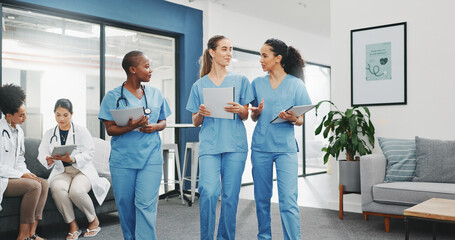 Wall Mural - Talking nurses, walking and documents in hospital teamwork, diversity collaboration or bonding on surgery or clinic break. Smile, happy and healthcare women with medical research, paper or funny joke