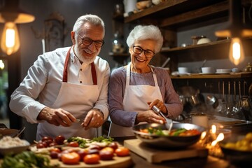 Senior couple preparing healthy food in the kitchen.