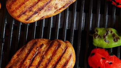 Wall Mural - grilled chicken breast on grill, barbecue, with sweet pepper, hot cast iron grate. close up. outdoor