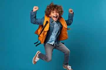 Cheerful smiling little boy with big backpack jumping and having fun against blue background. Back to School concept.