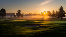Golden Sunrise On The Green: A Peaceful Morning On The Empty Wide Golf Course At Sunrise