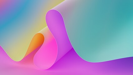 Wall Mural - 3d render. Abstract neon background. Trendy wallpaper of folded paper ribbon, iridescent foil scroll. Pink yellow blue gradient