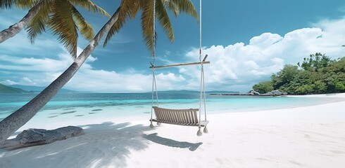 tropical beach panorama as summer relax landscape with beach swing or hammock hang on palm tree over