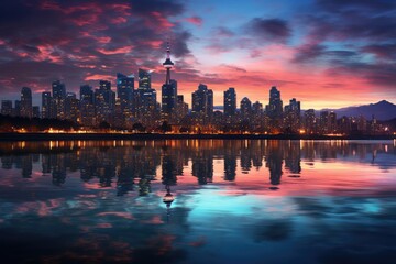 Wall Mural - Urban skyline at twilight with city lights illuminated - stock photography