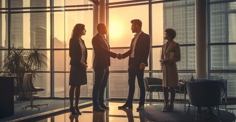 full length image of two successful business men shaking hands with each other with their female bus