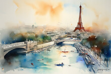 Aquarelle Drawing Of Paris With The Tour Eiffel Symbol. Generative AI