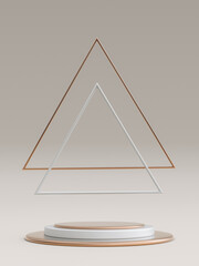 Poster - Minimal beige background with empty golden white round podium and triangle elements. Geometric shapes. 3d rendering. Vertical
