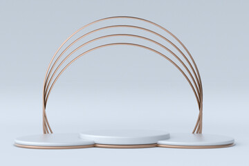 Poster - 3D white background with geometric round podium, stand, pedestal and golden arch. Trendy graphic design. Minimal elements, copy space