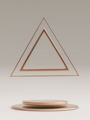 Poster - Minimal beige background with empty golden round podium and triangle elements. Geometric shapes. 3d rendering. Vertical