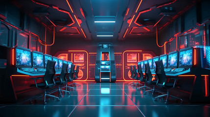 Futuristic computer lab equipment in a row