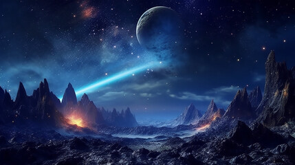 Futuristic fantasy night landscape with abstract background