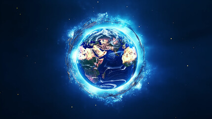 Wall Mural - glowing blue sphere orbits earth illuminating nature background