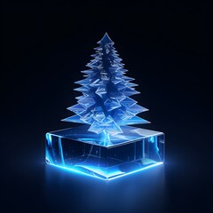 Wall Mural - Christmas tree in the ice cube. Minimal, elegant concept. Fluorescent neon electric lights. Creative futuristic concept on dark background. 3D Illustration.