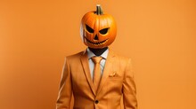 Minimal Portrait Of Man And Autumn Pumpkin. Scary Halloween Concept. Orange Background. Copy Space.