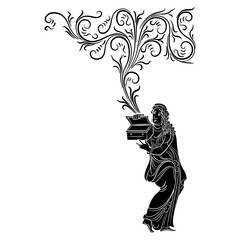 Wall Mural - Pandora. Ancient Greek girl opening mysterious box. Creative mythological concept. Let the genie out. Black and white silhouette.