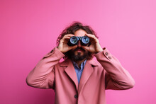 Bearded man looking through binoculars, funny person in pink coat
