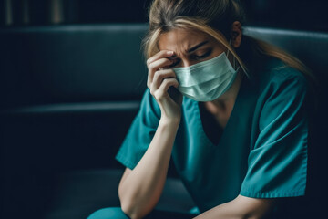 Tired depressed female scrub nurse with face mask. Exhausted sad doctor feels burnout and stress