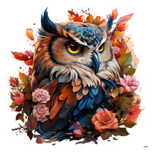 A Mythical And Ancient Owl Tree Flowers T-shirt Design, Where The Owl Is Depicted As A Creature Of Ancient Mythology, Generative Ai