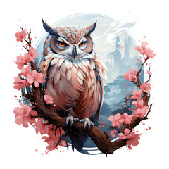 A peaceful and zen-inspired T-shirt design featuring an owl tree flowers in a serene Japanese garden, Generative Ai