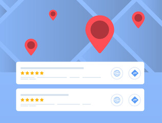 Poster - Search Engine Local Map Pack concept. The map segment in local search engine results highlights highest-ranked local listings relevant to gps area or the specified search location