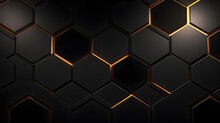 Luxury Hexagonal Abstract Black Metal Background With Golden Light Lines. Dark 3d Geometric Texture Illustration. Bright Grid Pattern
